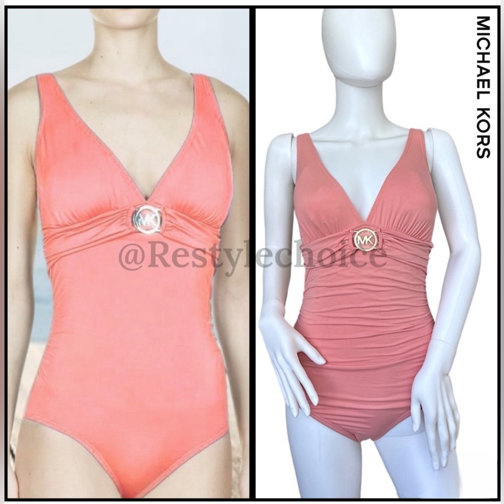 NWOT Michael Kors Women's Logo Ring Shirred Maillot One-Piece baby pink size 6